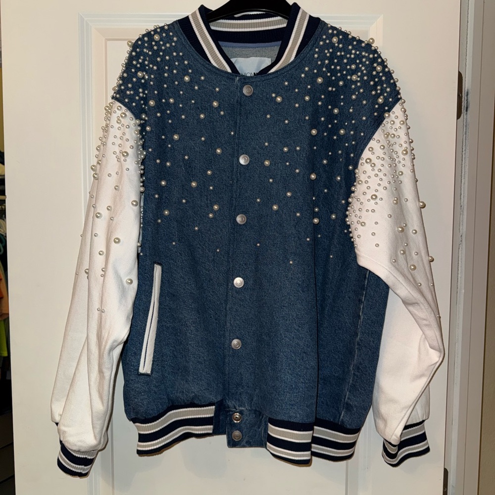 Fashion Nova Denim Pearl Embellished Jacket